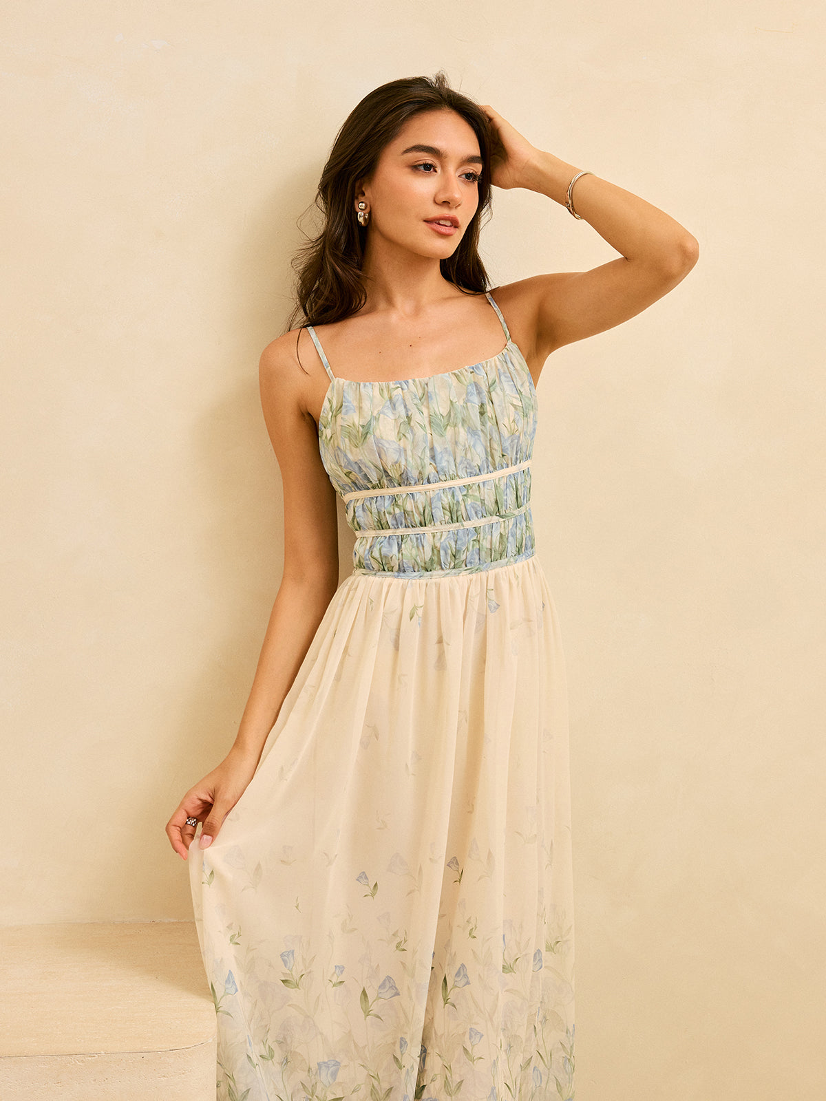 Semi-Sheer Floral Print Pleat Waist Tiered Maxi Dress-Massicos