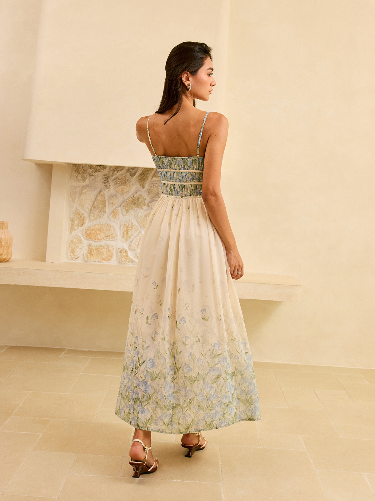 Semi-Sheer Floral Print Pleat Waist Tiered Maxi Dress-Massicos