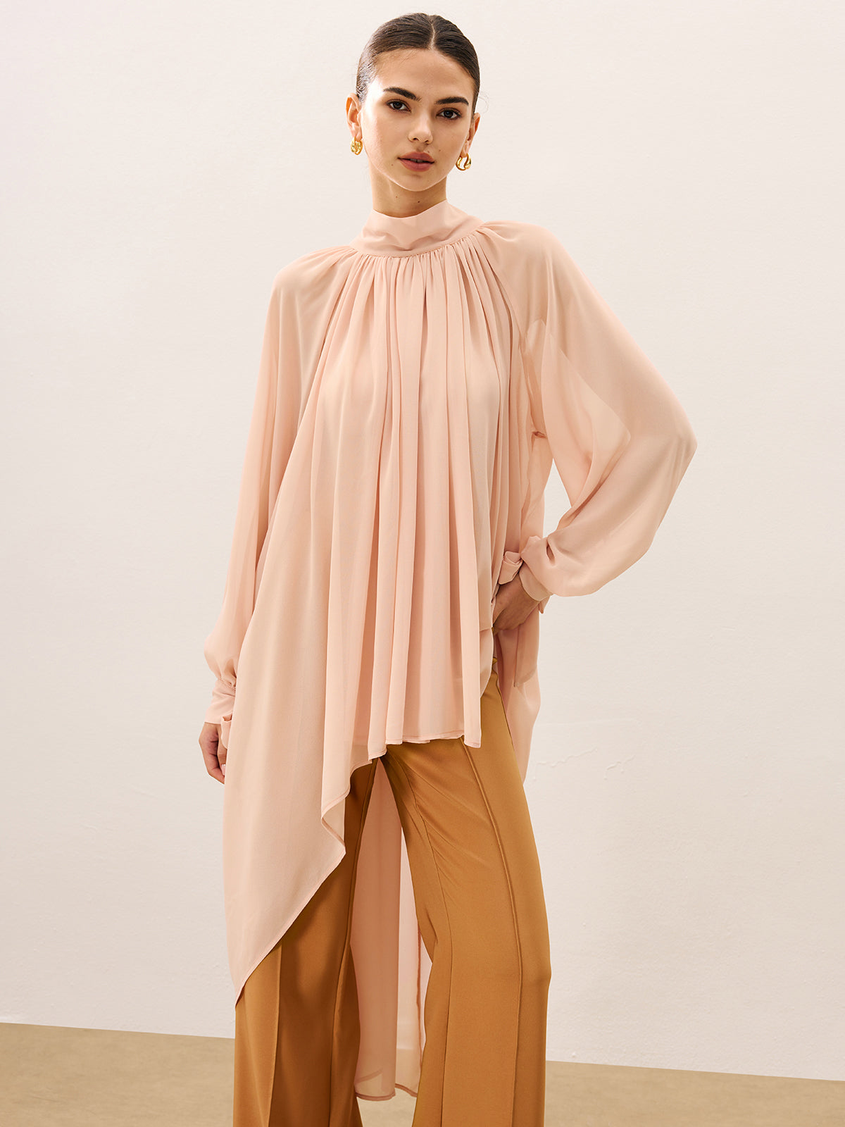 Ruffled Oversized Semi-Sheer Chiffon Blouse-Massicos