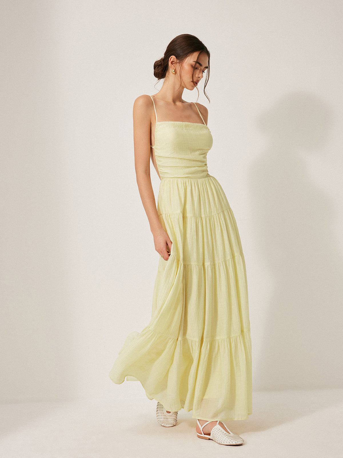 Pleated Backless Tiered Cami Dress-Massicos