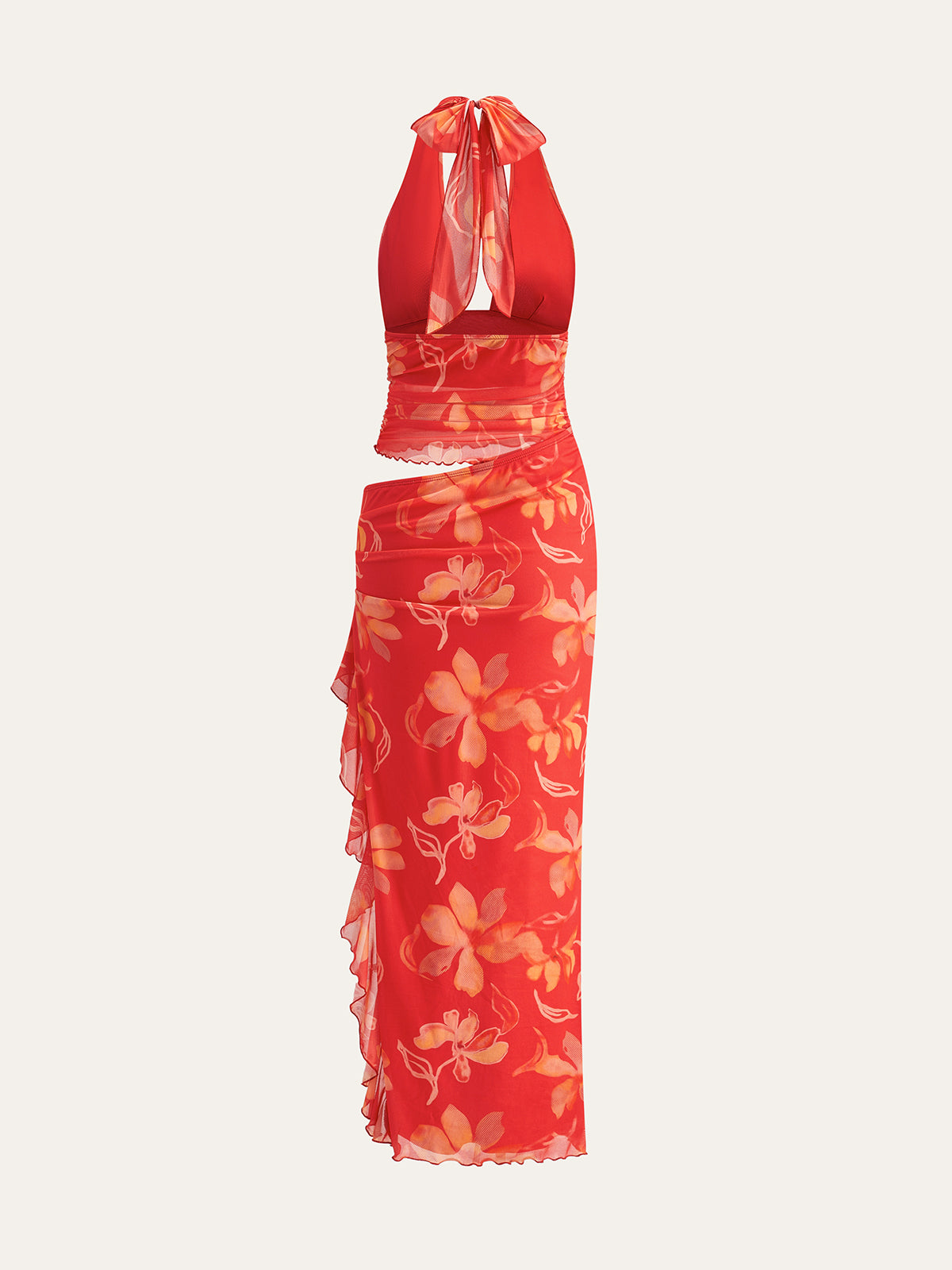Semi-Sheer Ruffled Floral Halter Dress-Massicos