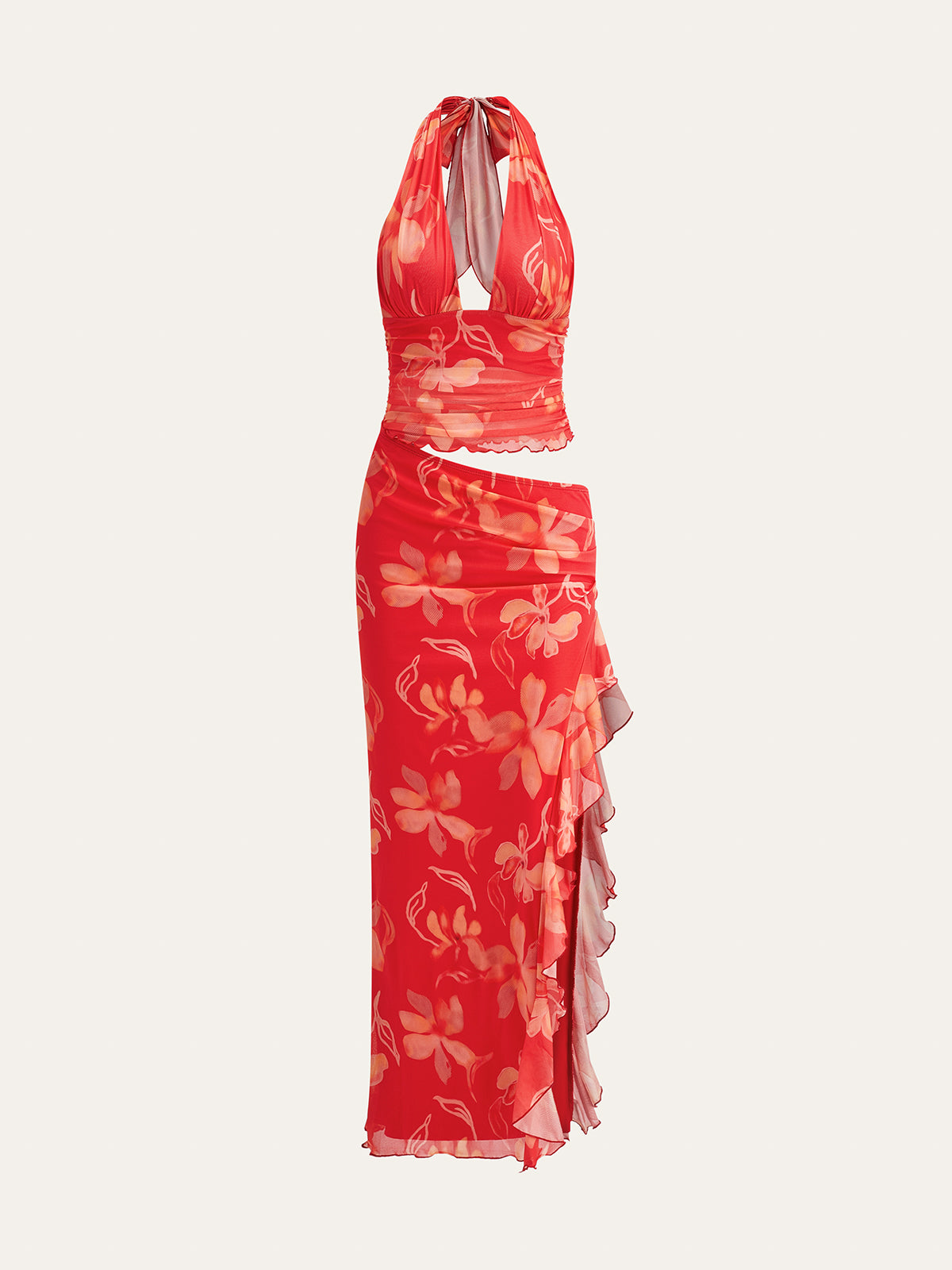 Semi-Sheer Ruffled Floral Halter Dress-Massicos