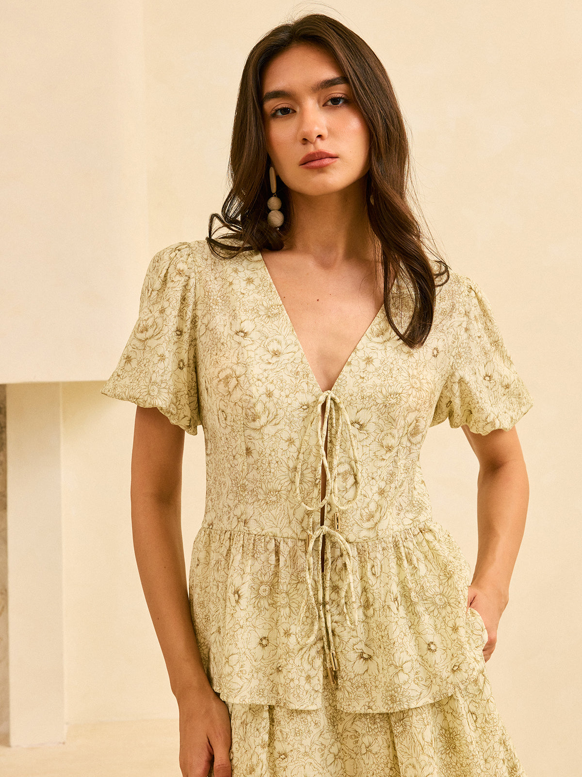 Semi-Sheer Floral Print Peplum Tie-Front Blouse-Massicos