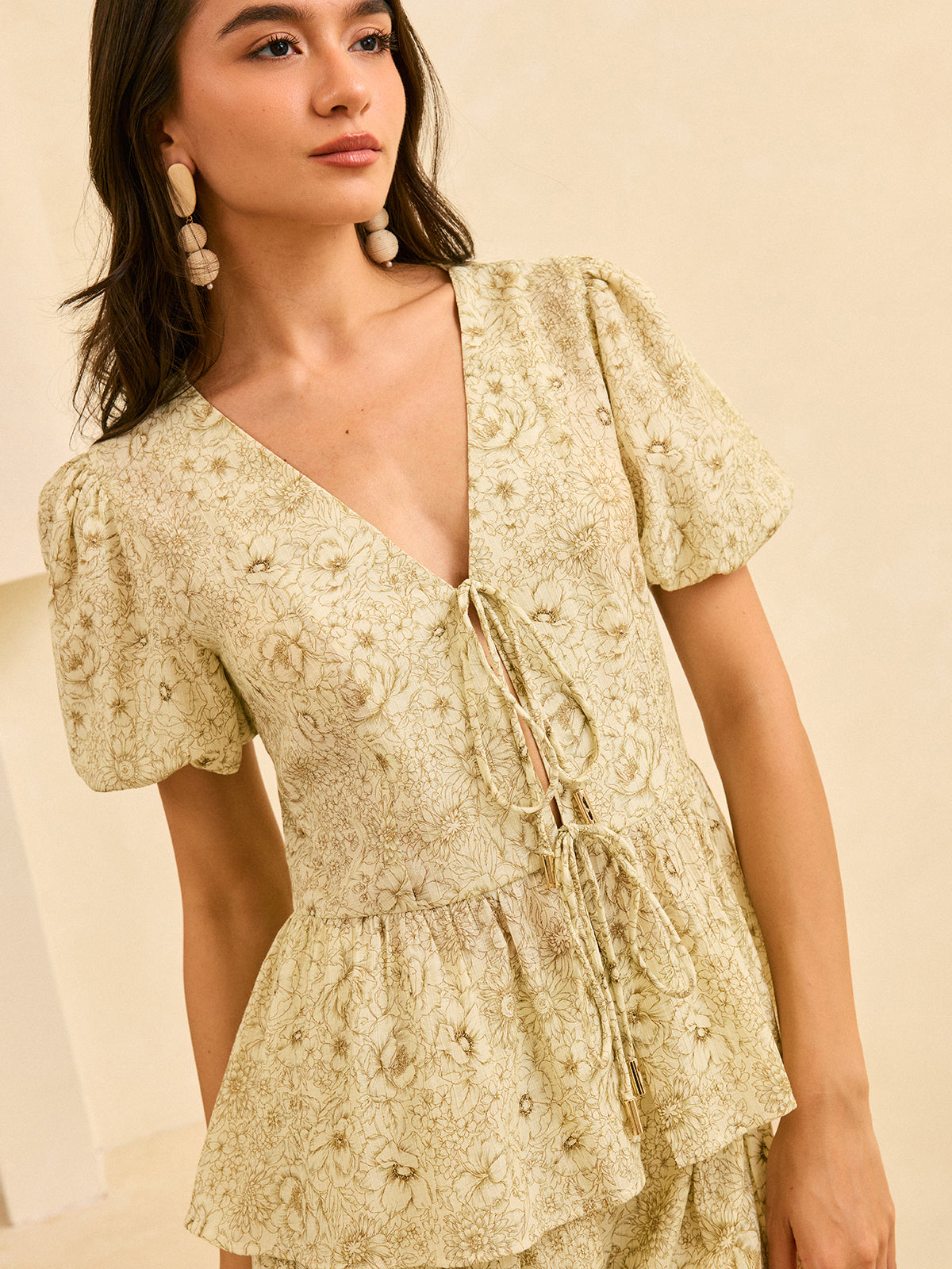 Semi-Sheer Floral Print Peplum Tie-Front Blouse-Massicos