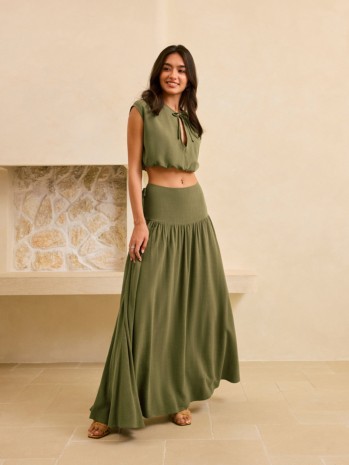 Tie-Detail Crop Top and Maxi Ruffled Skirt Set-Massicos