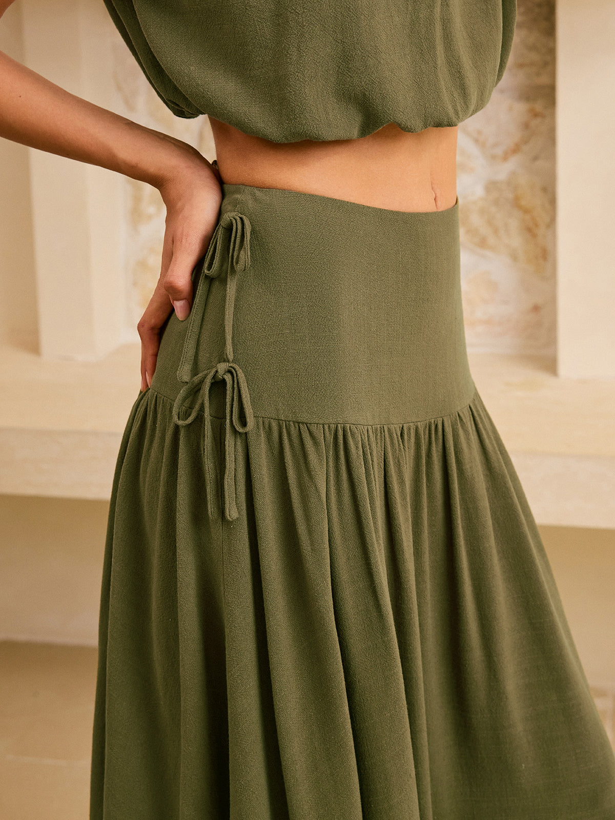 Tie-Detail Crop Top and Maxi Ruffled Skirt Set-Massicos