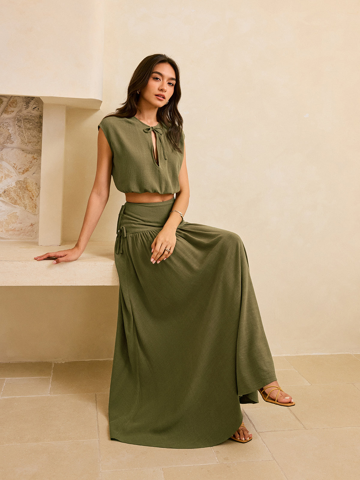 Tie-Detail Crop Top and Maxi Ruffled Skirt Set-Massicos