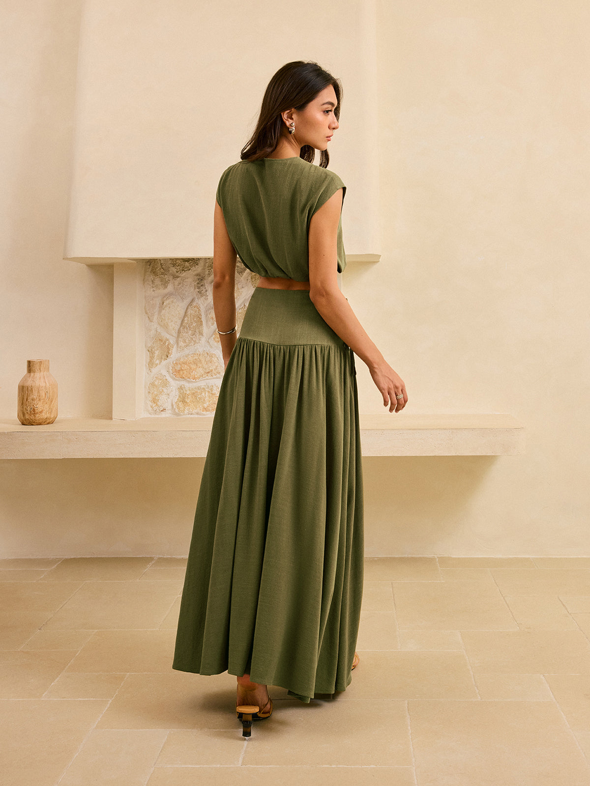 Tie-Detail Crop Top and Maxi Ruffled Skirt Set-Massicos