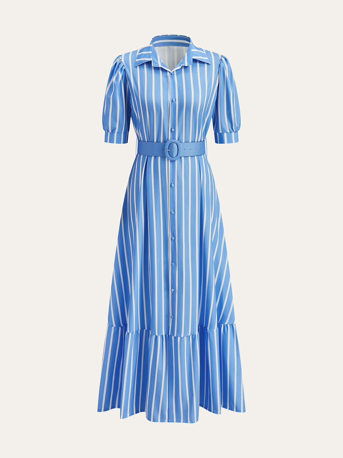 Belted Striped Dress with Puff Sleeves-Massicos