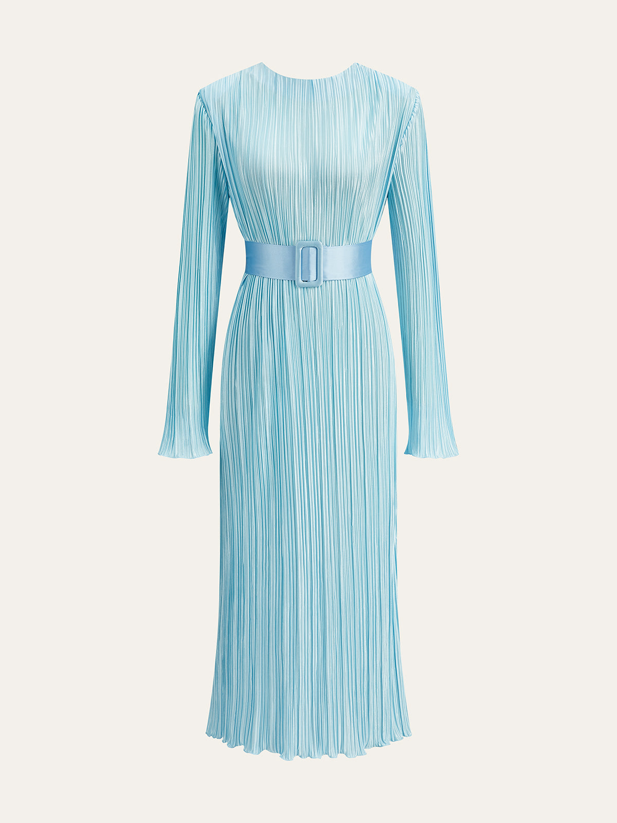 Semi-Sheer Belted Pleated Long-Sleeve Midi Dress-Massicos