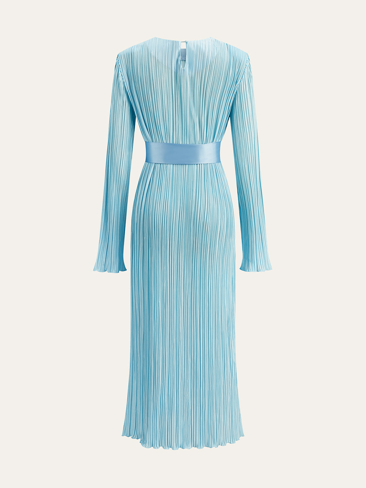 Semi-Sheer Belted Pleated Long-Sleeve Midi Dress-Massicos
