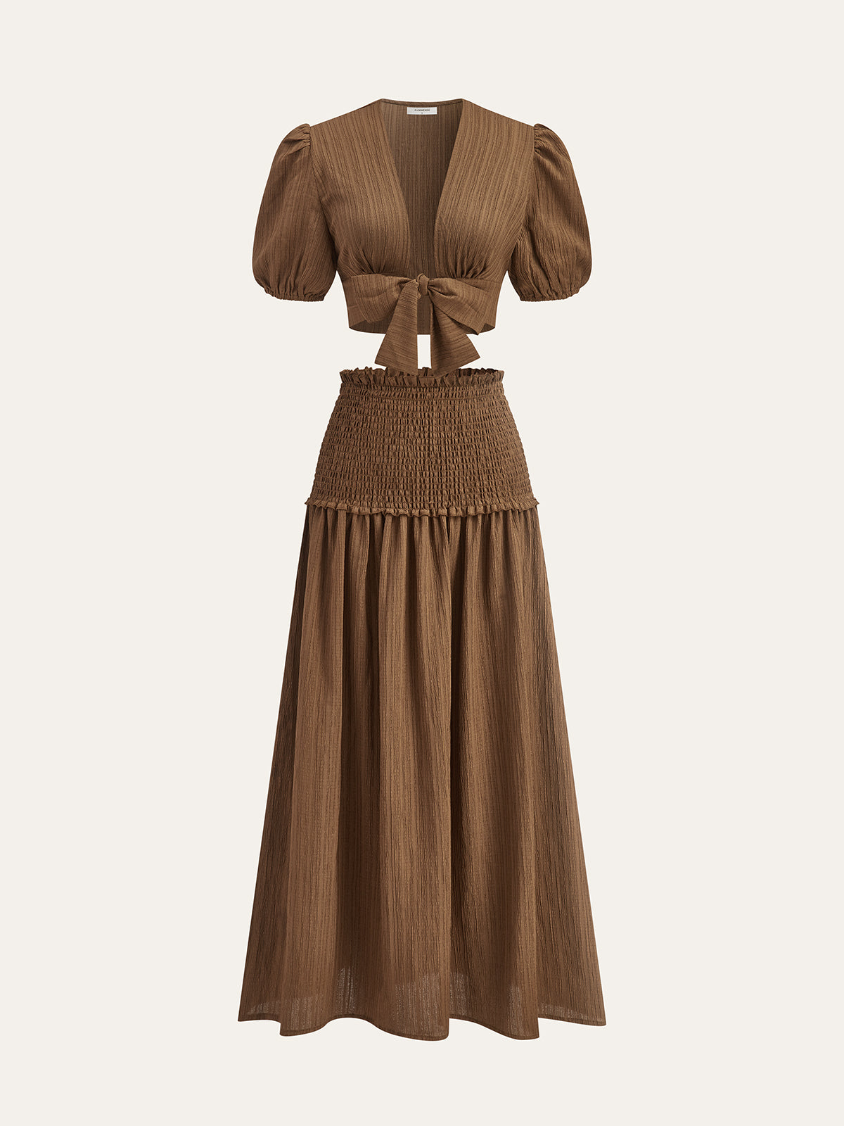 Puff-Sleeve Crop Top and Smocked-Waist Midi Skirt Set-Massicos
