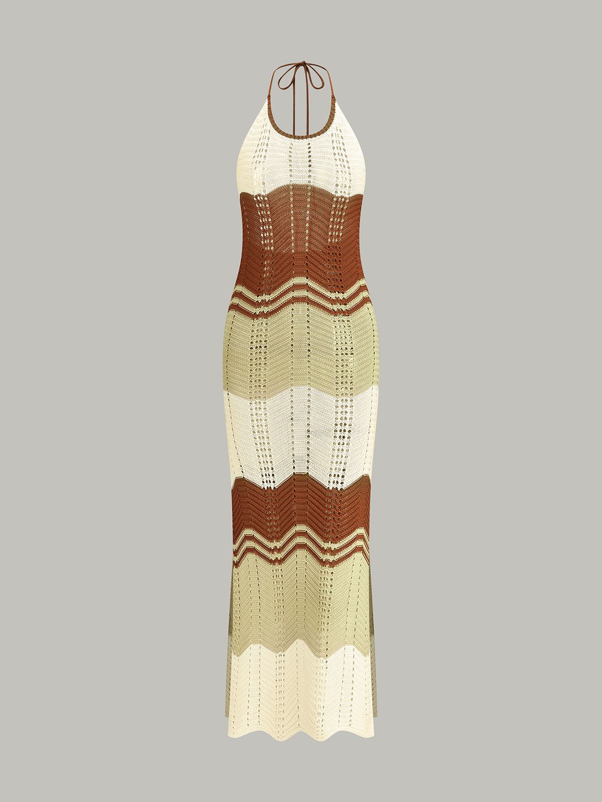 Semi-Sheer Contrast Stripe Crochet Halter Maxi Dress-Massicos
