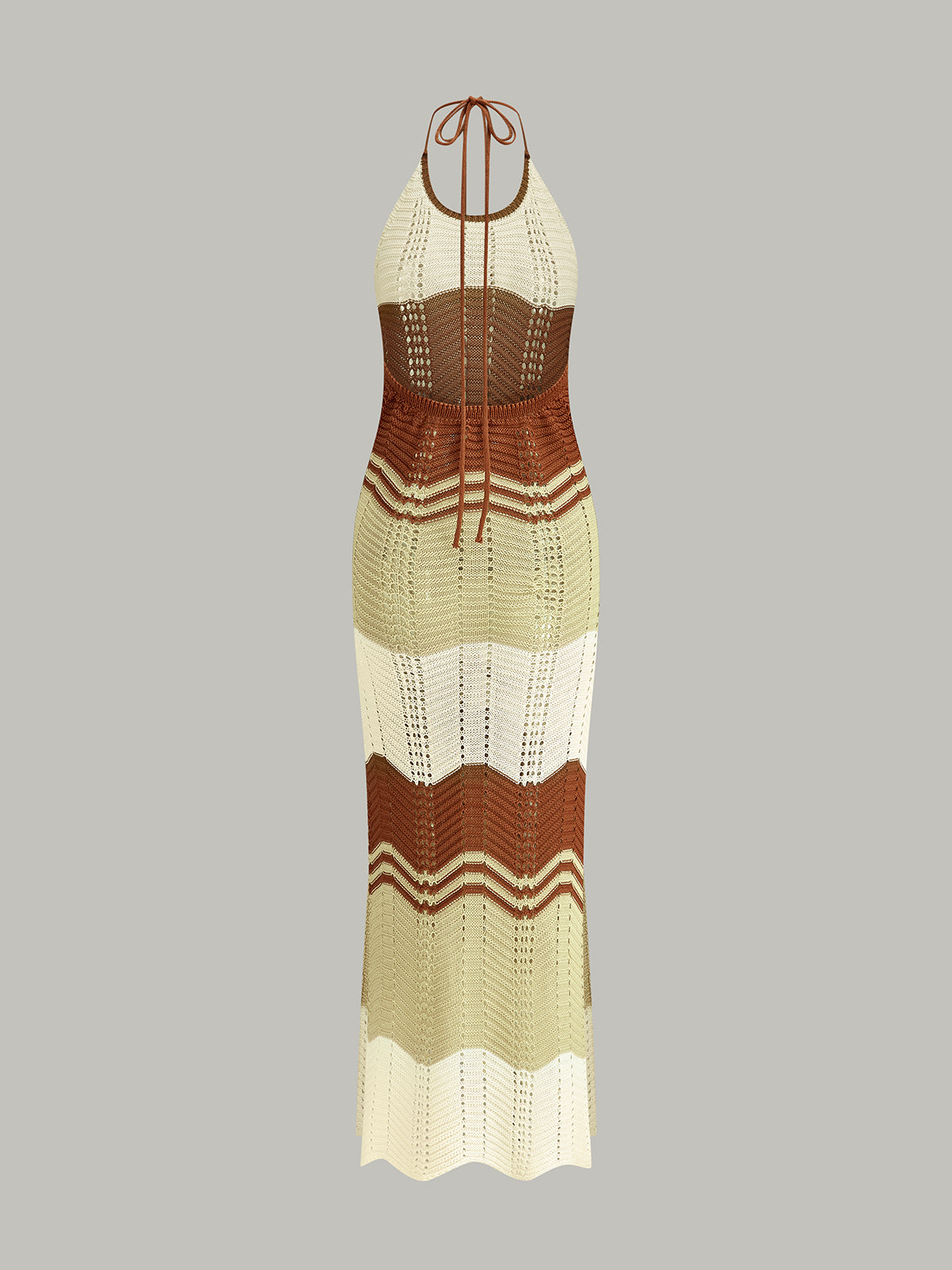 Semi-Sheer Contrast Stripe Crochet Halter Maxi Dress-Massicos