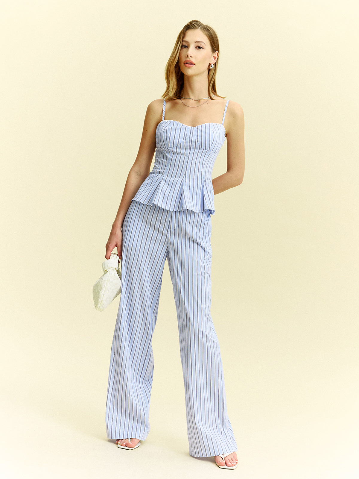 Striped Peplum Top and Wide-Leg Pants Set-Massicos