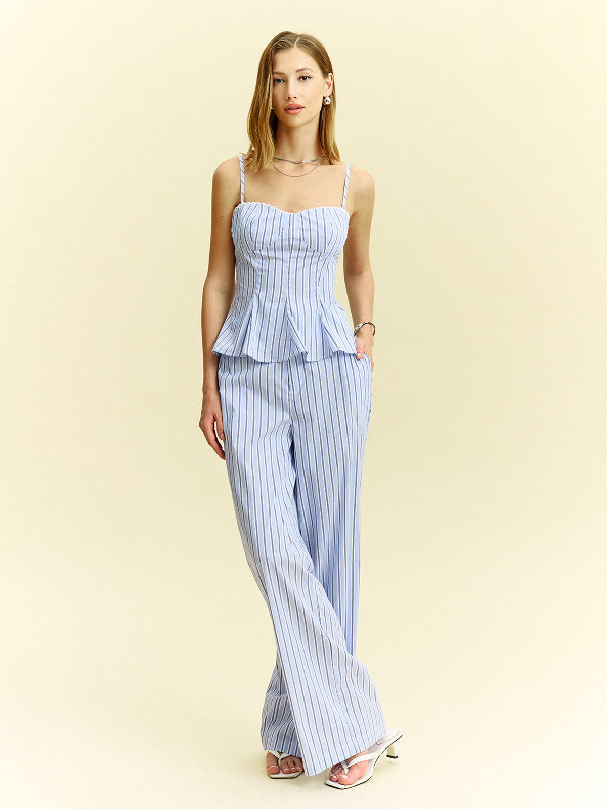 Striped Peplum Top and Wide-Leg Pants Set-Massicos