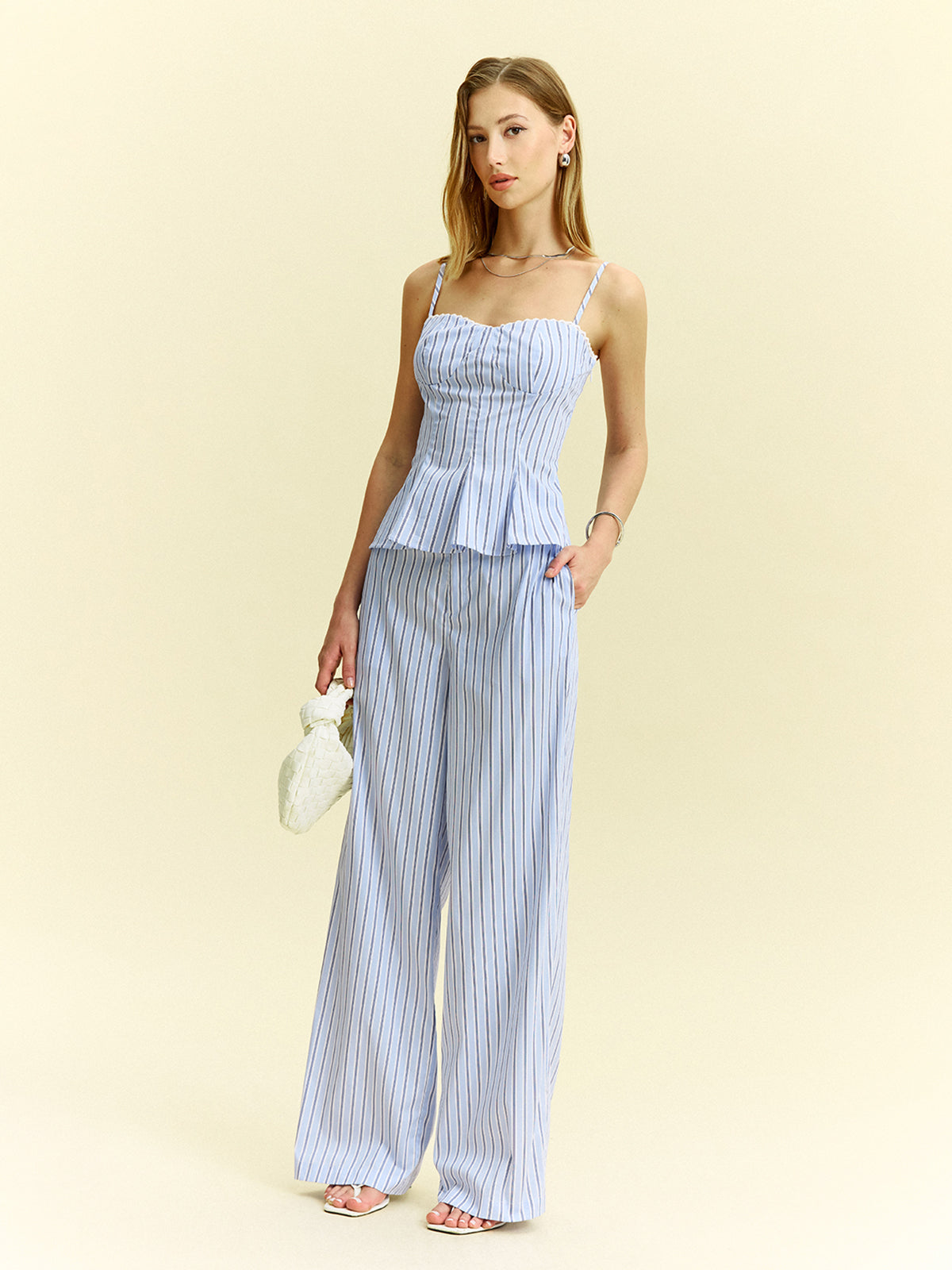 Striped Peplum Top and Wide-Leg Pants Set-Massicos