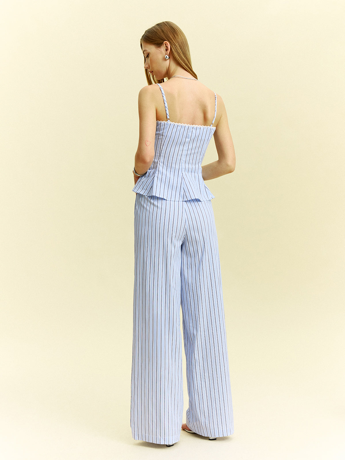 Striped Peplum Top and Wide-Leg Pants Set-Massicos