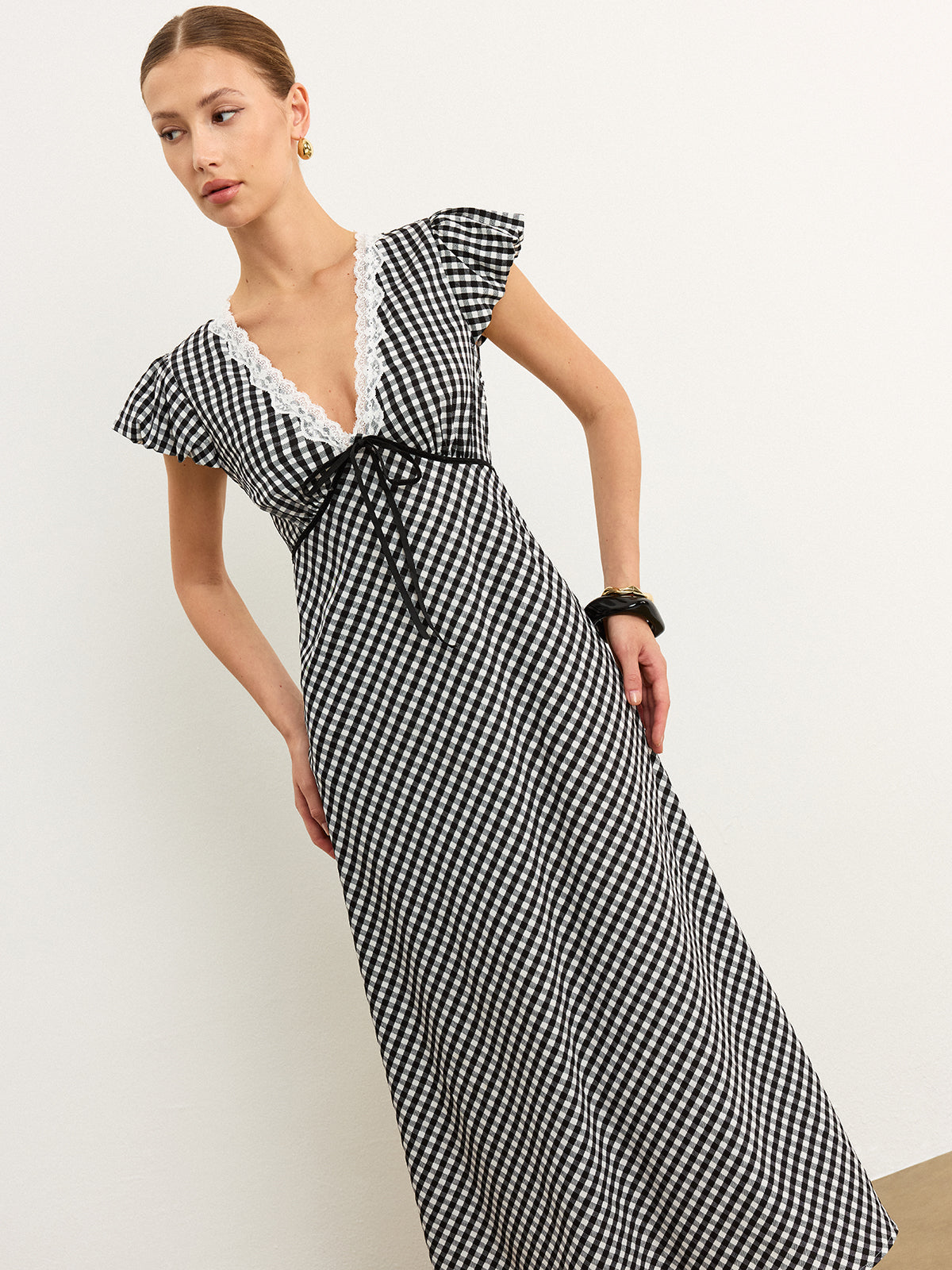 Gingham Lace-Trimmed Midi Dress-Massicos