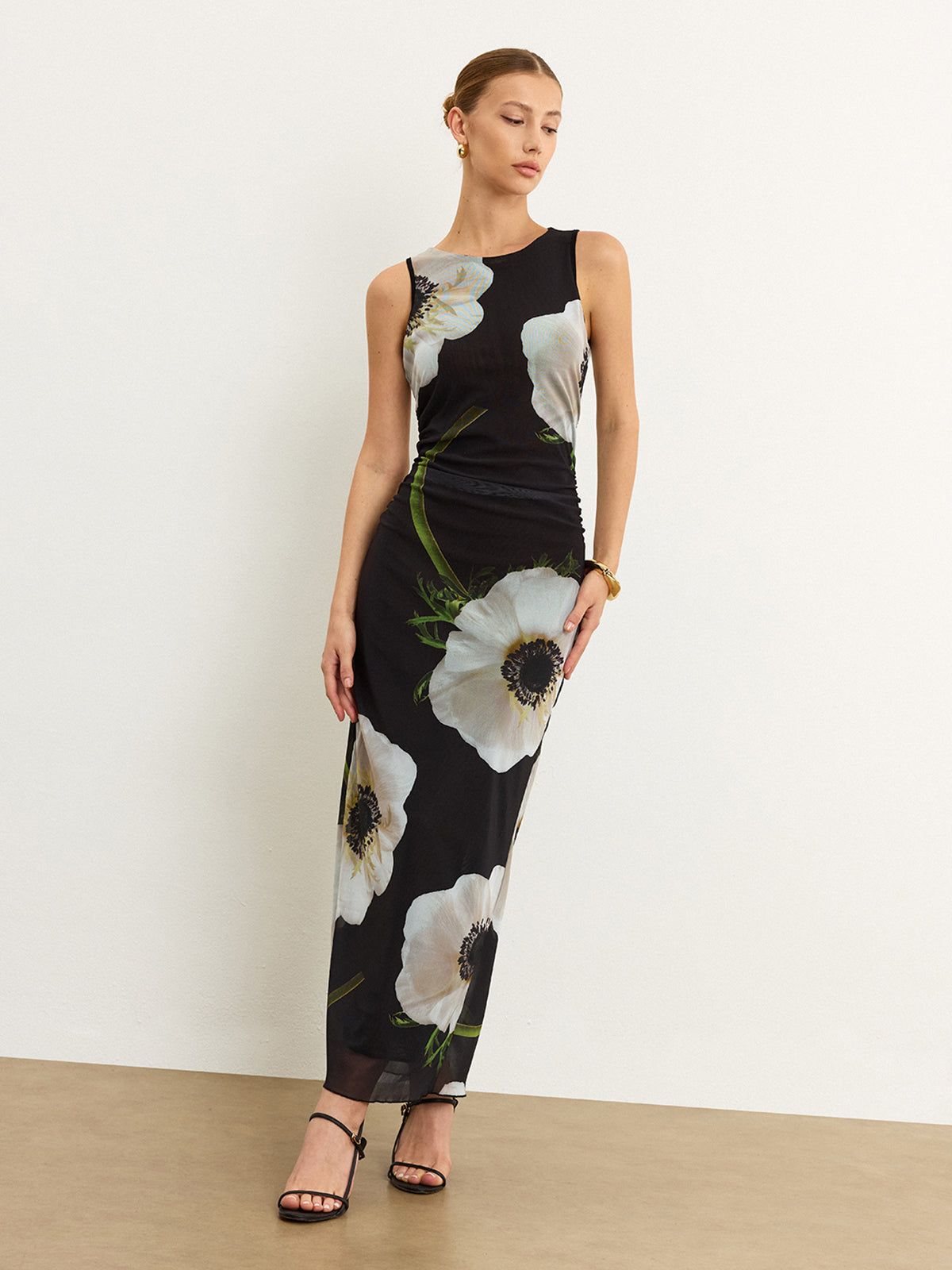 Sheer Floral Print Maxi Dress-Massicos
