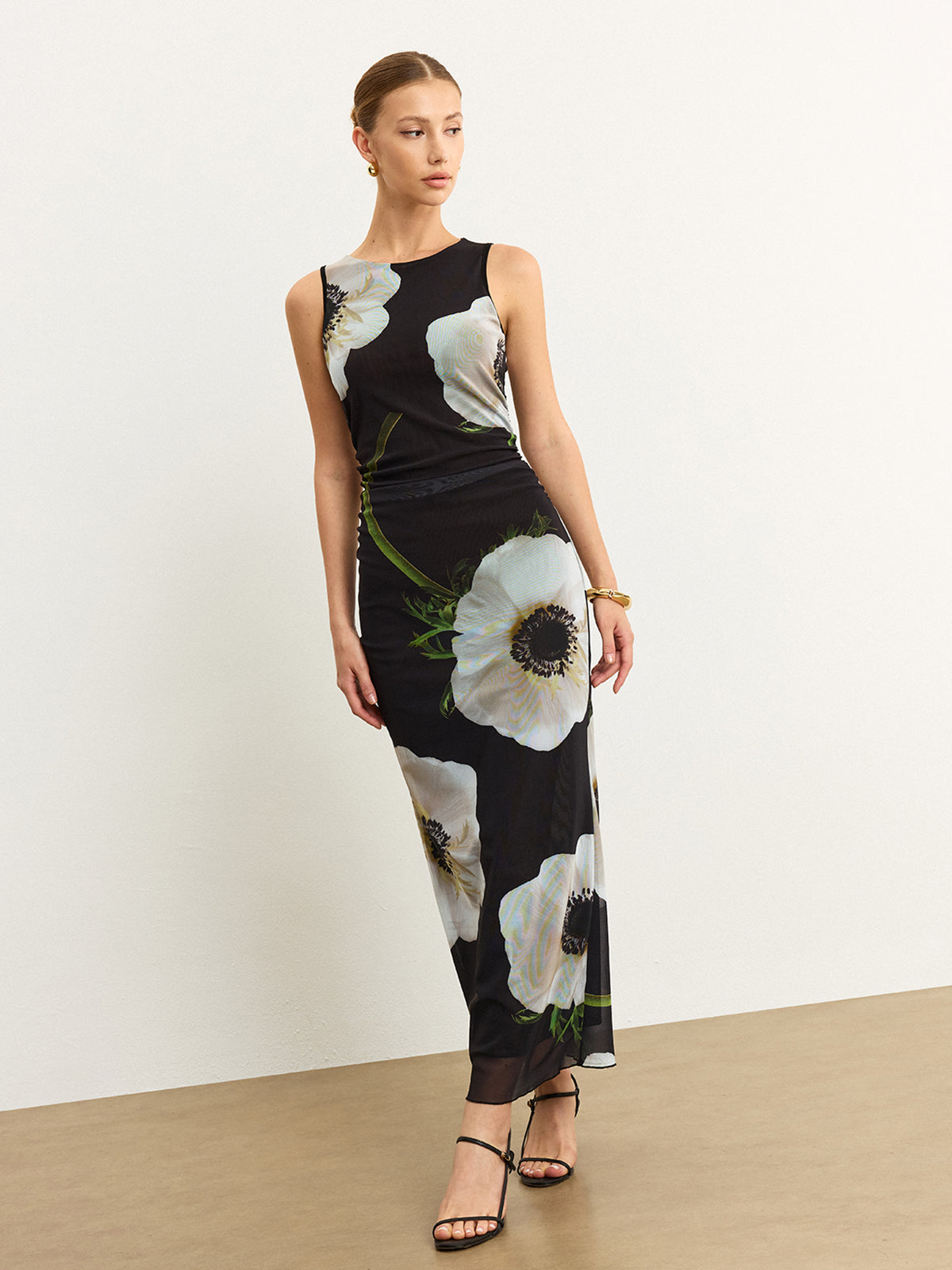 Sheer Floral Print Maxi Dress-Massicos