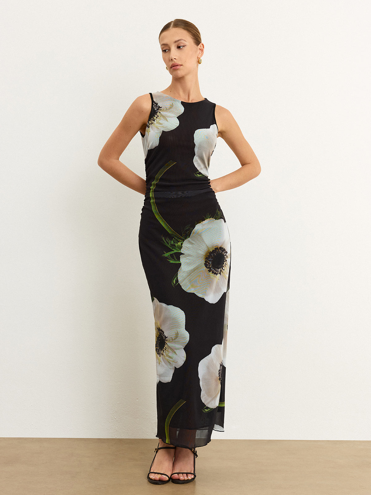 Sheer Floral Print Maxi Dress-Massicos