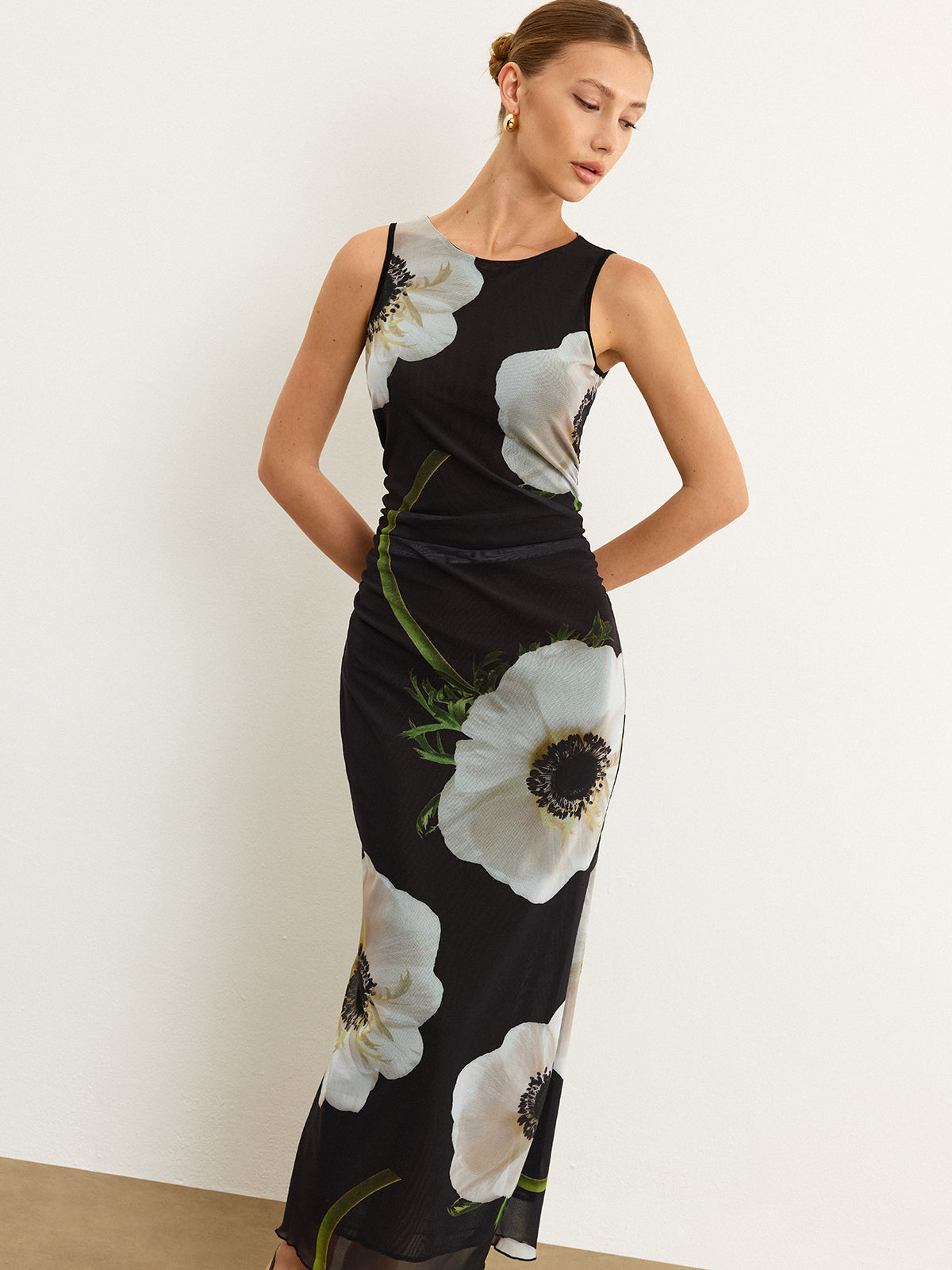 Sheer Floral Print Maxi Dress-Massicos