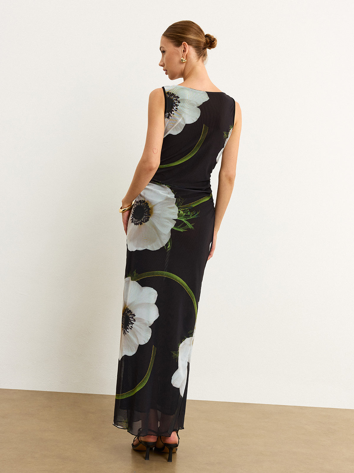 Sheer Floral Print Maxi Dress-Massicos