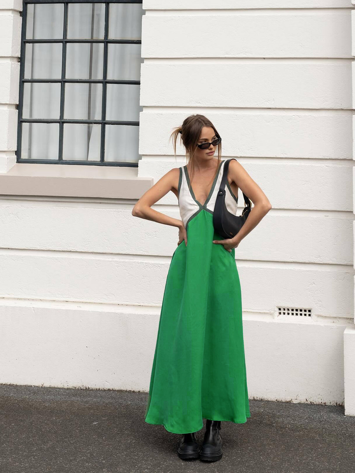 Satin Contrast Trim Long Dress-Massicos