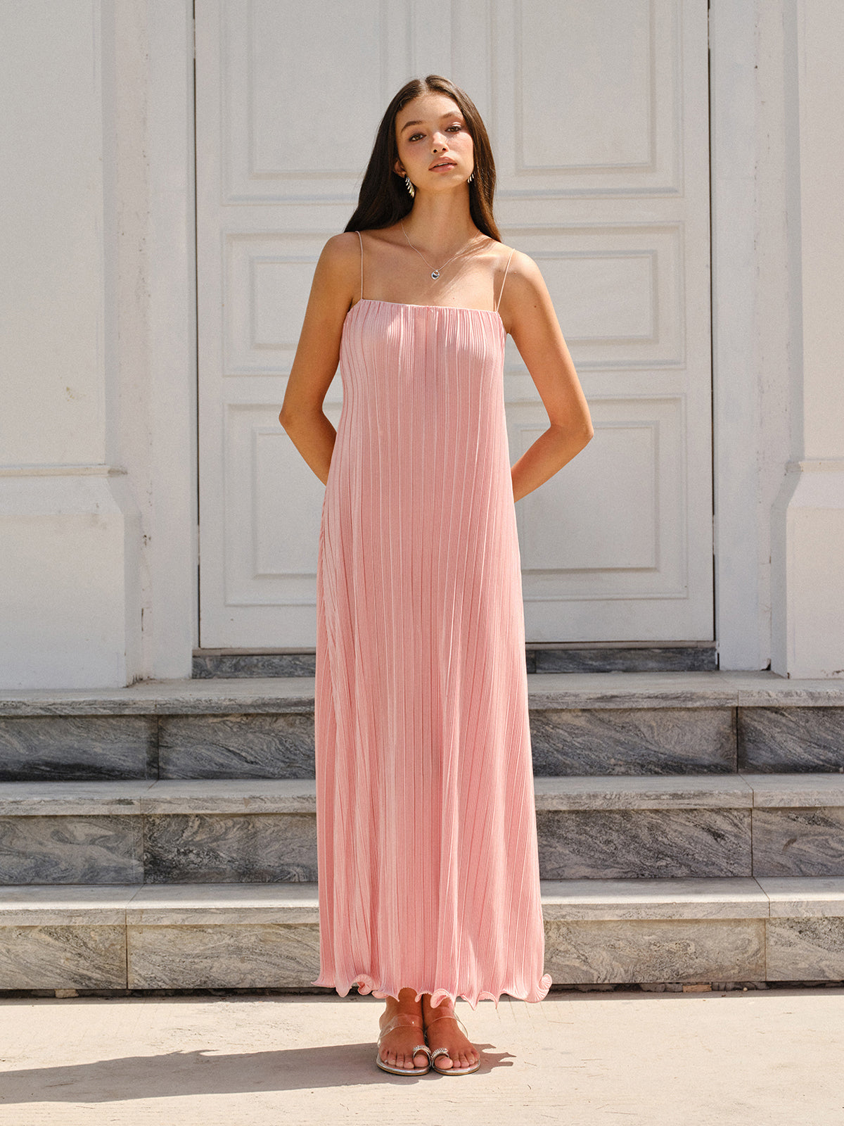 Spaghetti-Strapped Vertical-Pleated Maxi Dress-Massicos