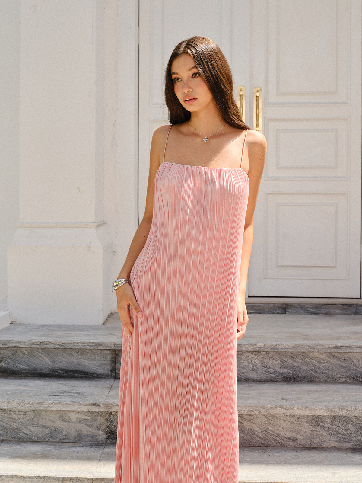 Spaghetti-Strapped Vertical-Pleated Maxi Dress-Massicos