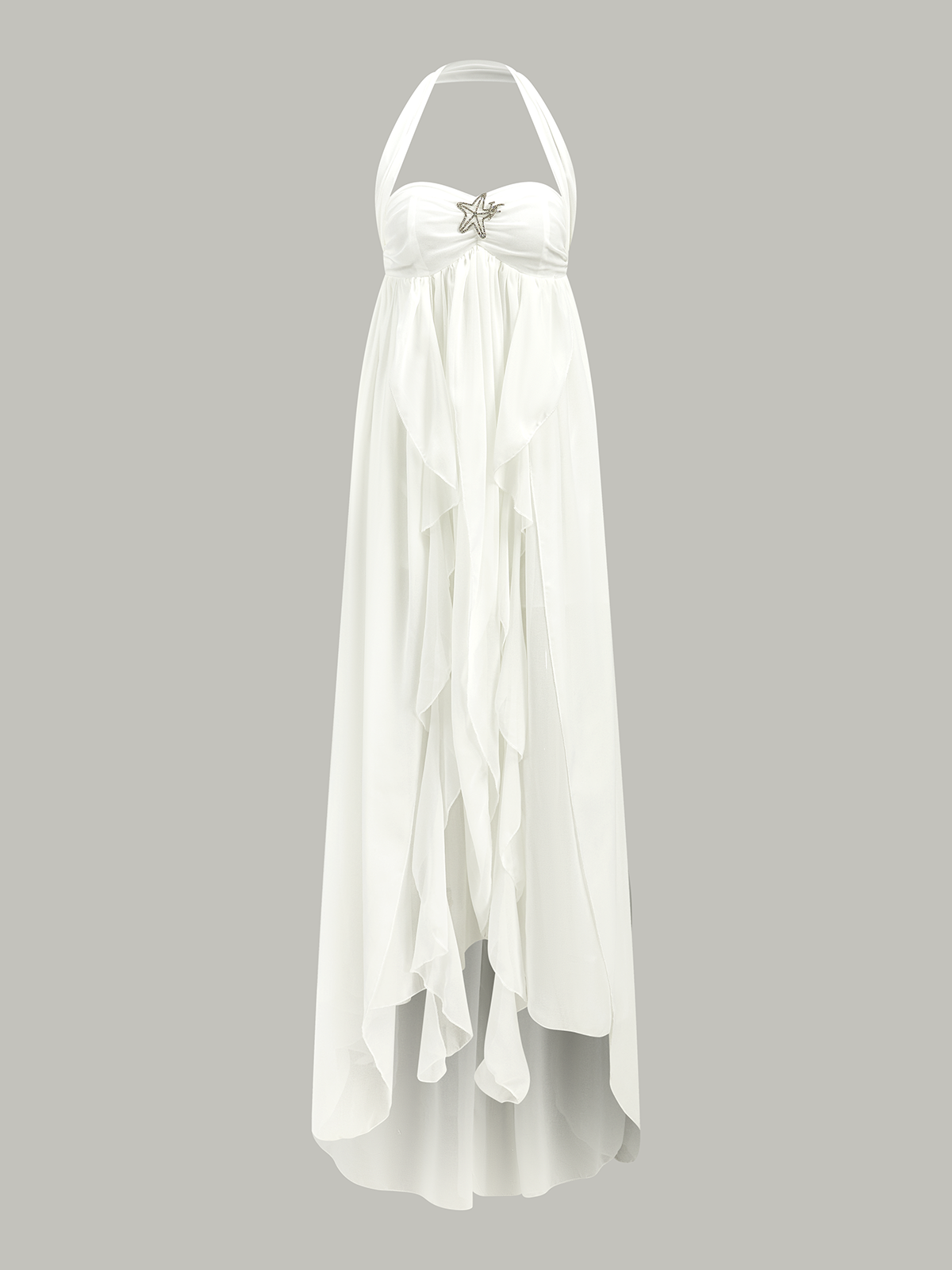 Semi-Sheer Halter Ruffle Backless Maxi Dress-Massicos