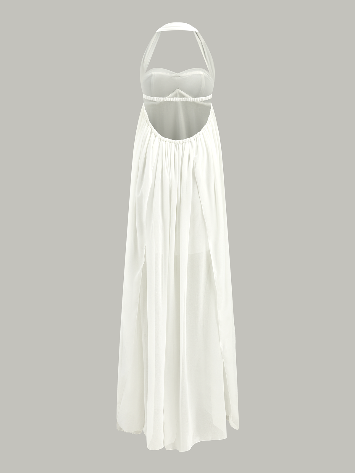 Semi-Sheer Halter Ruffle Backless Maxi Dress-Massicos