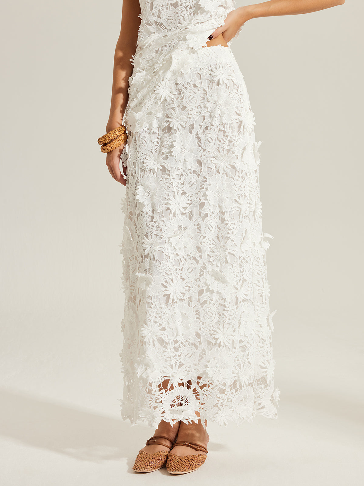 Floral Embroidered Semi-Sheer Lace Skirt-Massicos