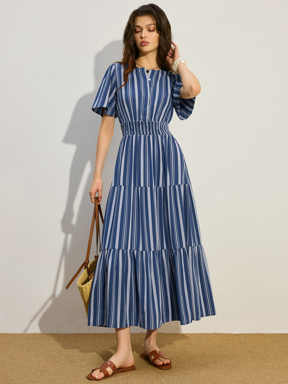 Striped Smocked Waist Tiered Maxi Dress-Massicos
