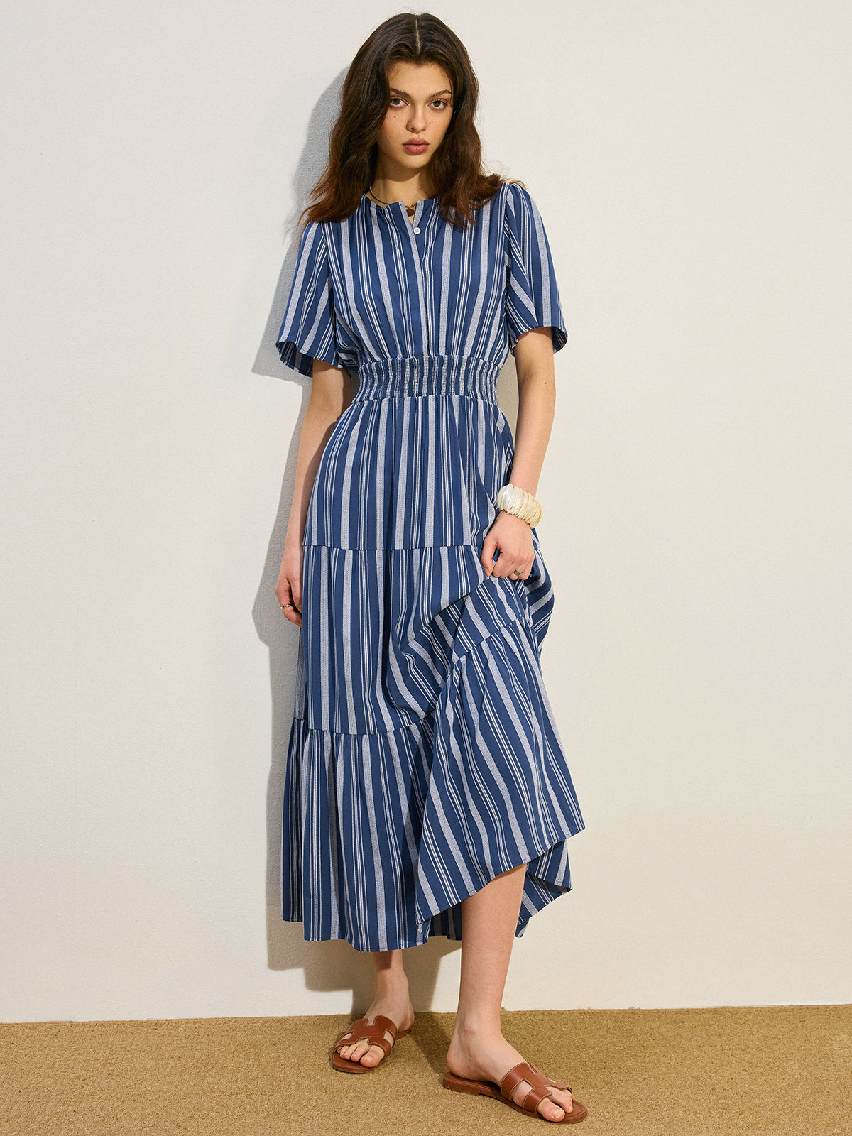 Striped Smocked Waist Tiered Maxi Dress-Massicos
