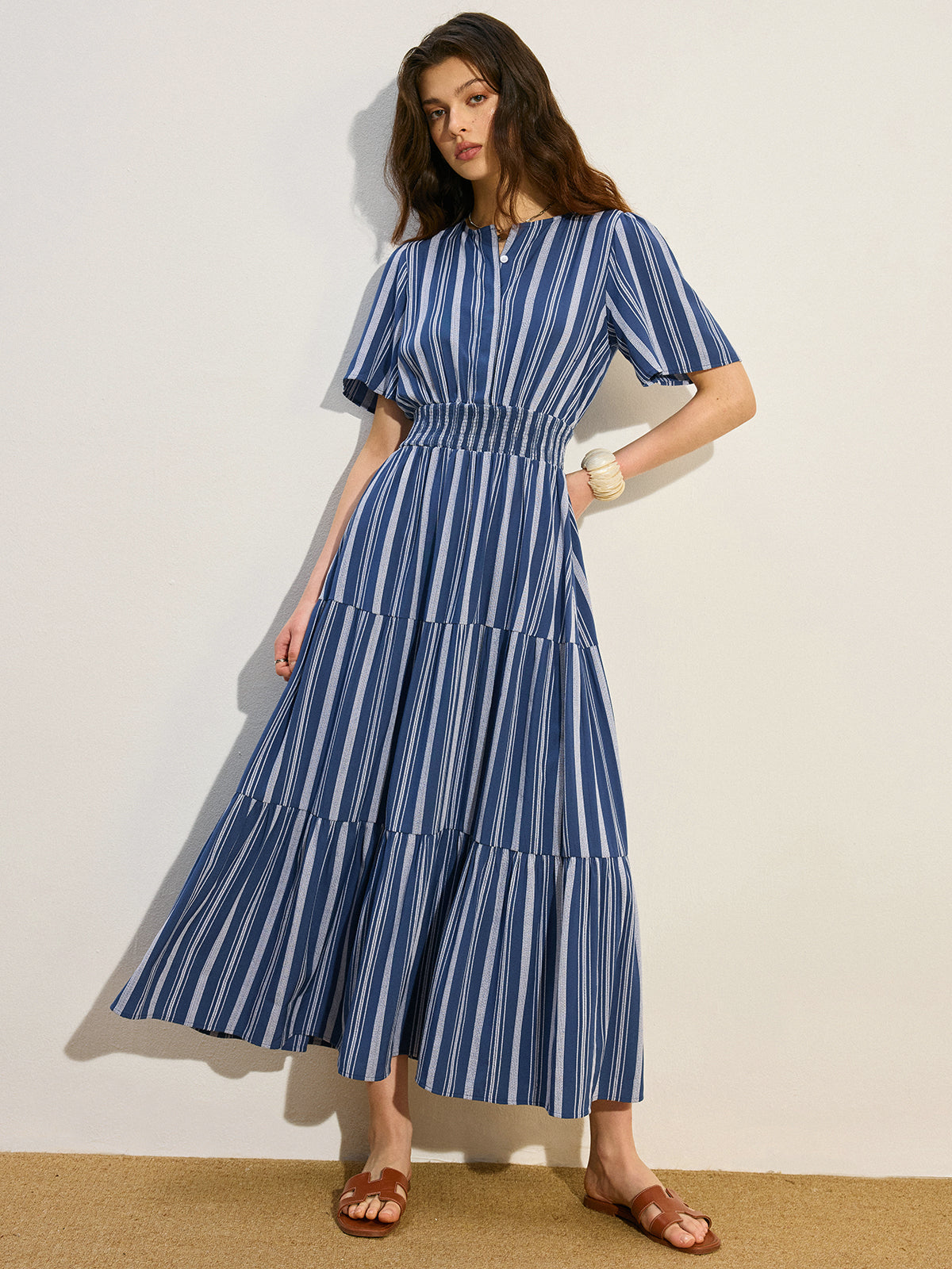 Striped Smocked Waist Tiered Maxi Dress-Massicos