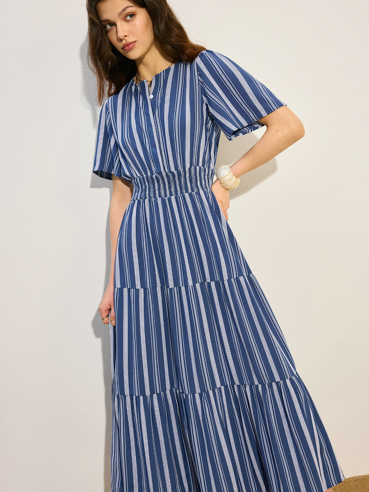 Striped Smocked Waist Tiered Maxi Dress-Massicos