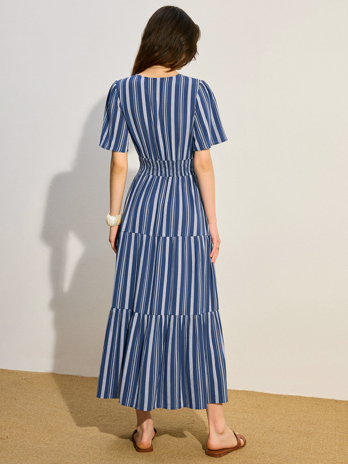 Striped Smocked Waist Tiered Maxi Dress-Massicos
