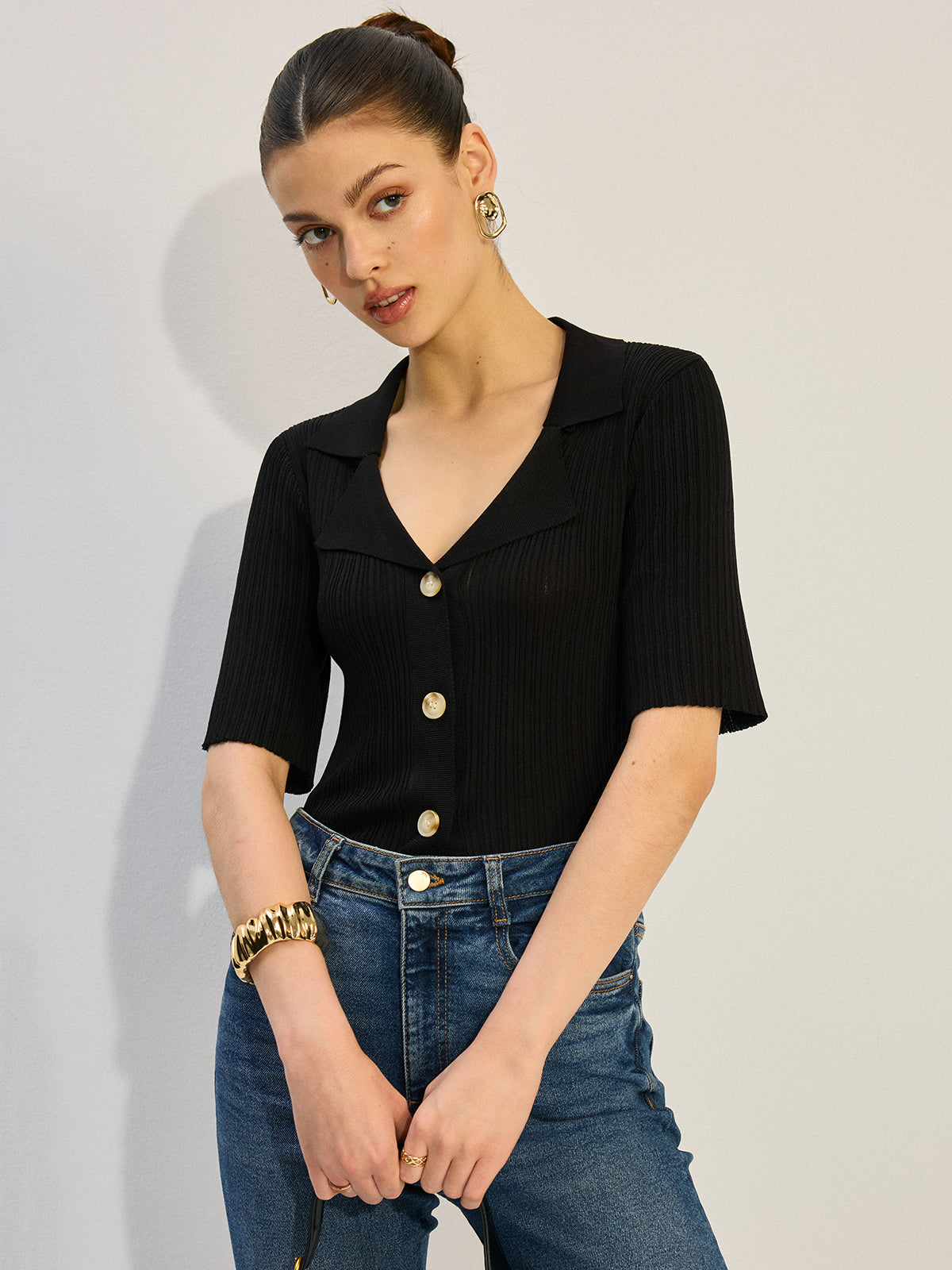 Knit Button-Up Blouse-Massicos