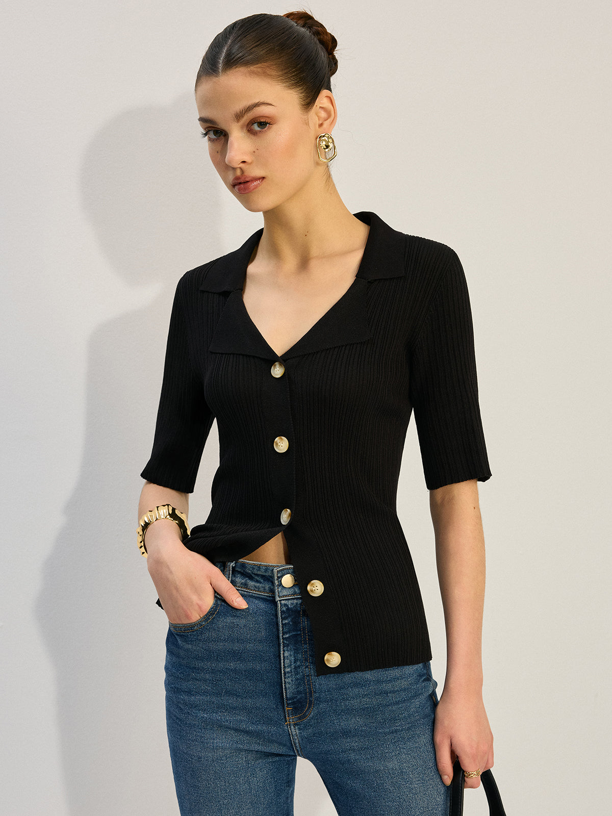 Knit Button-Up Blouse-Massicos