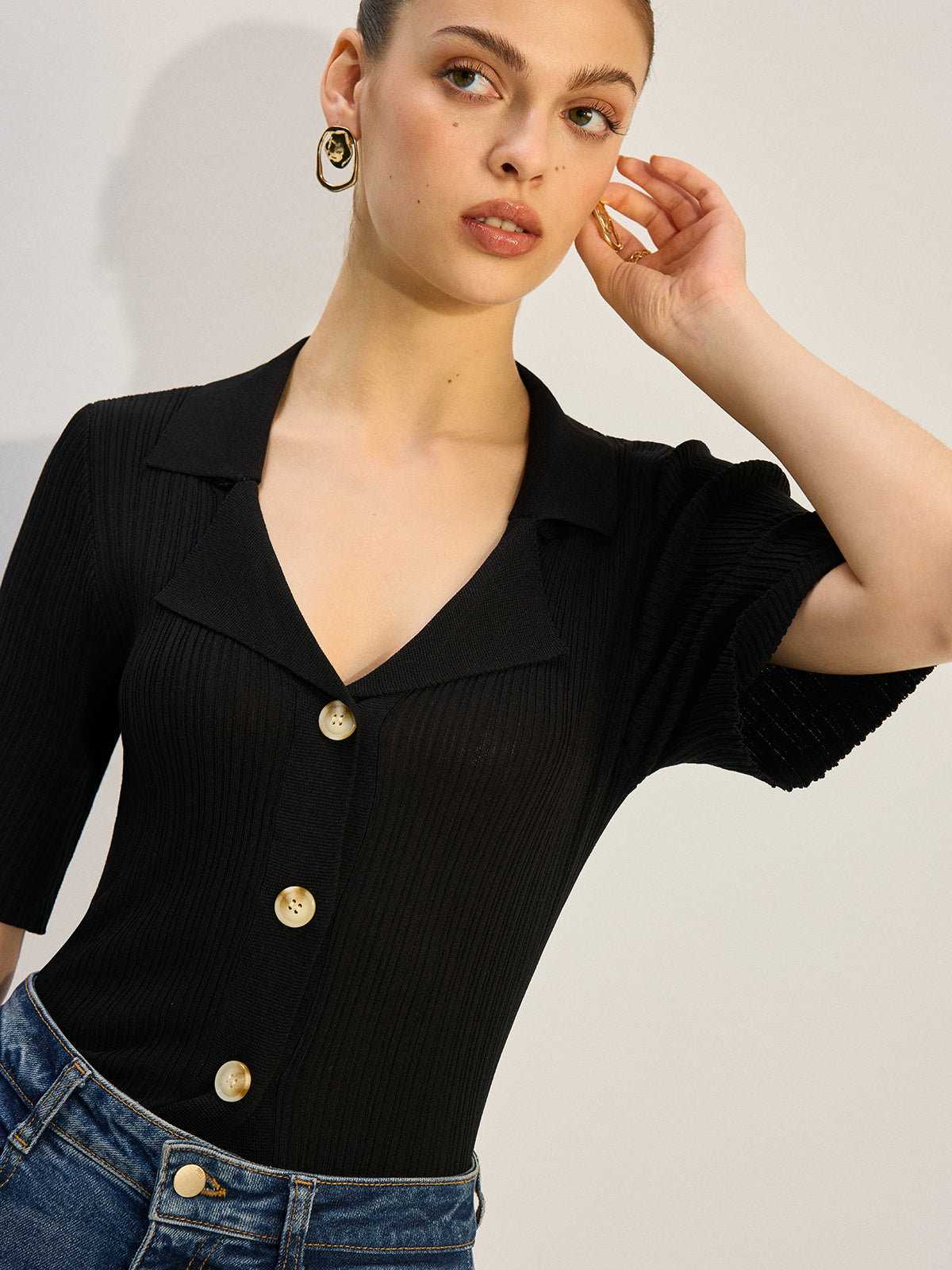 Knit Button-Up Blouse-Massicos
