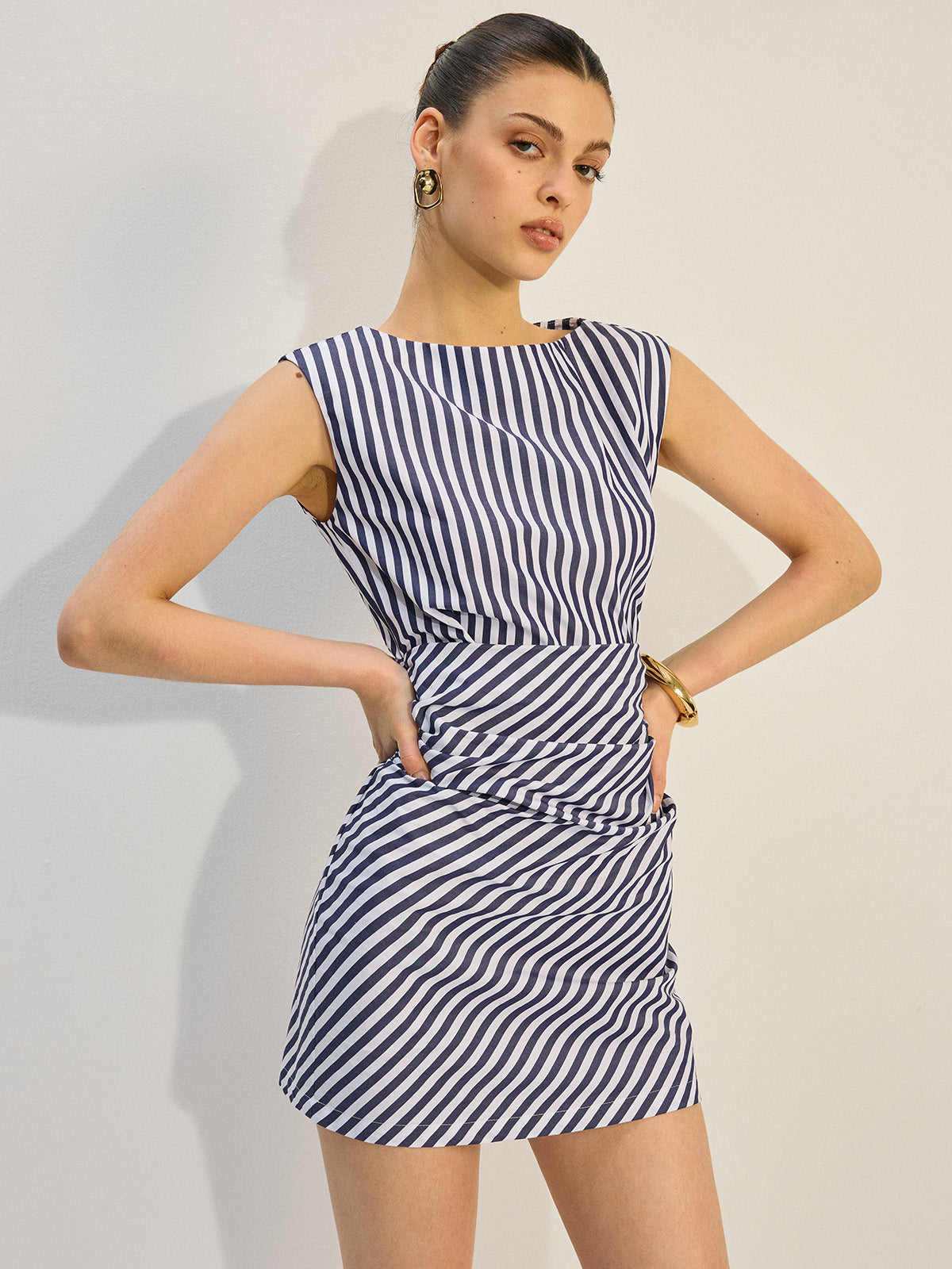 Striped Ruched Mini Dress-Massicos
