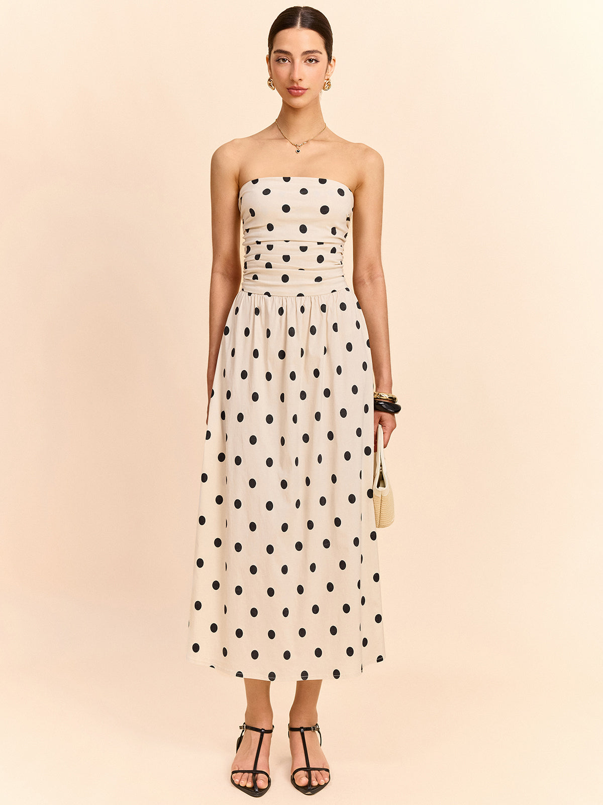 Strapless Polka Dot Ruched Midi Dress-Massicos