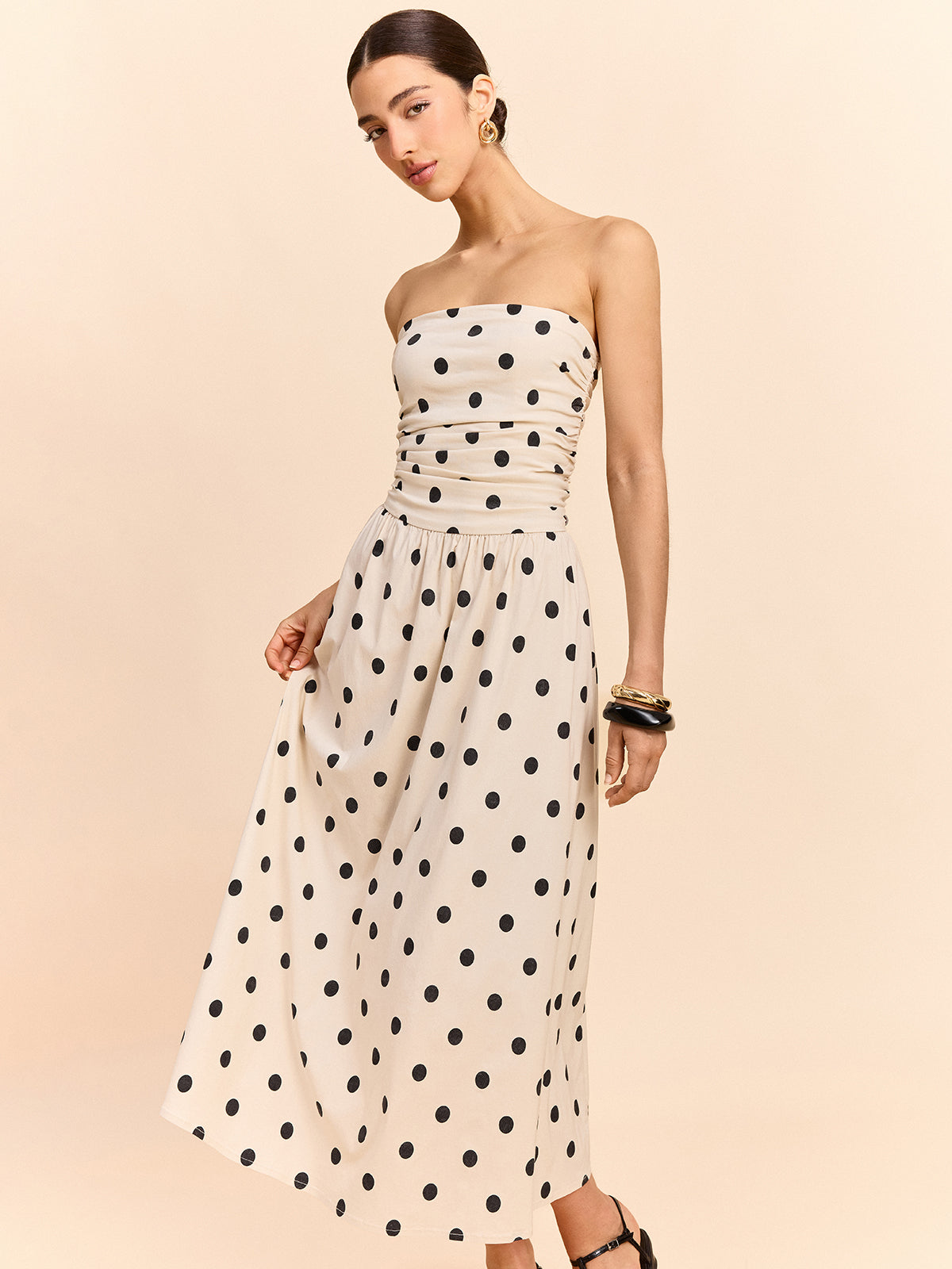 Strapless Polka Dot Ruched Midi Dress-Massicos