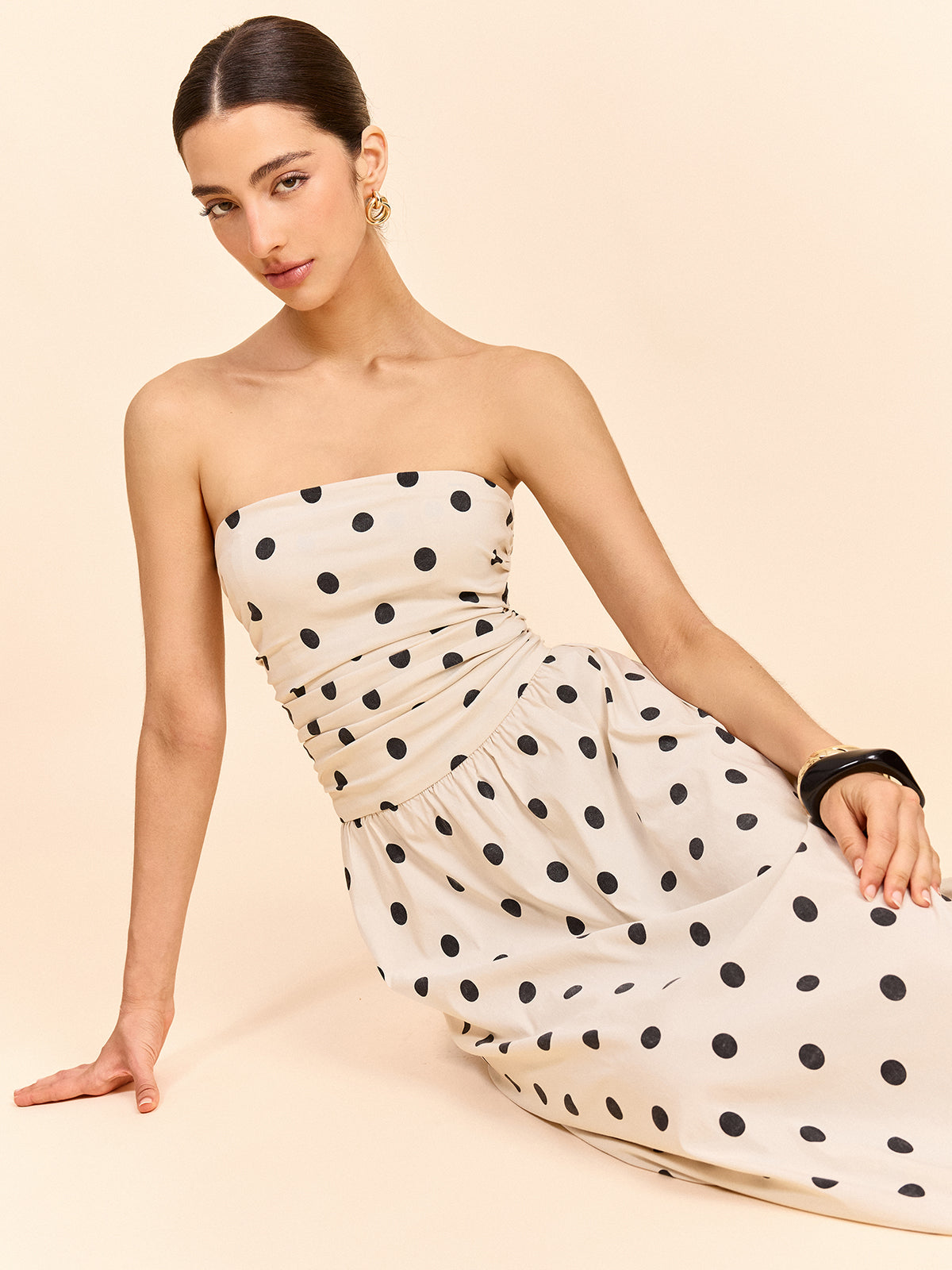 Strapless Polka Dot Ruched Midi Dress-Massicos