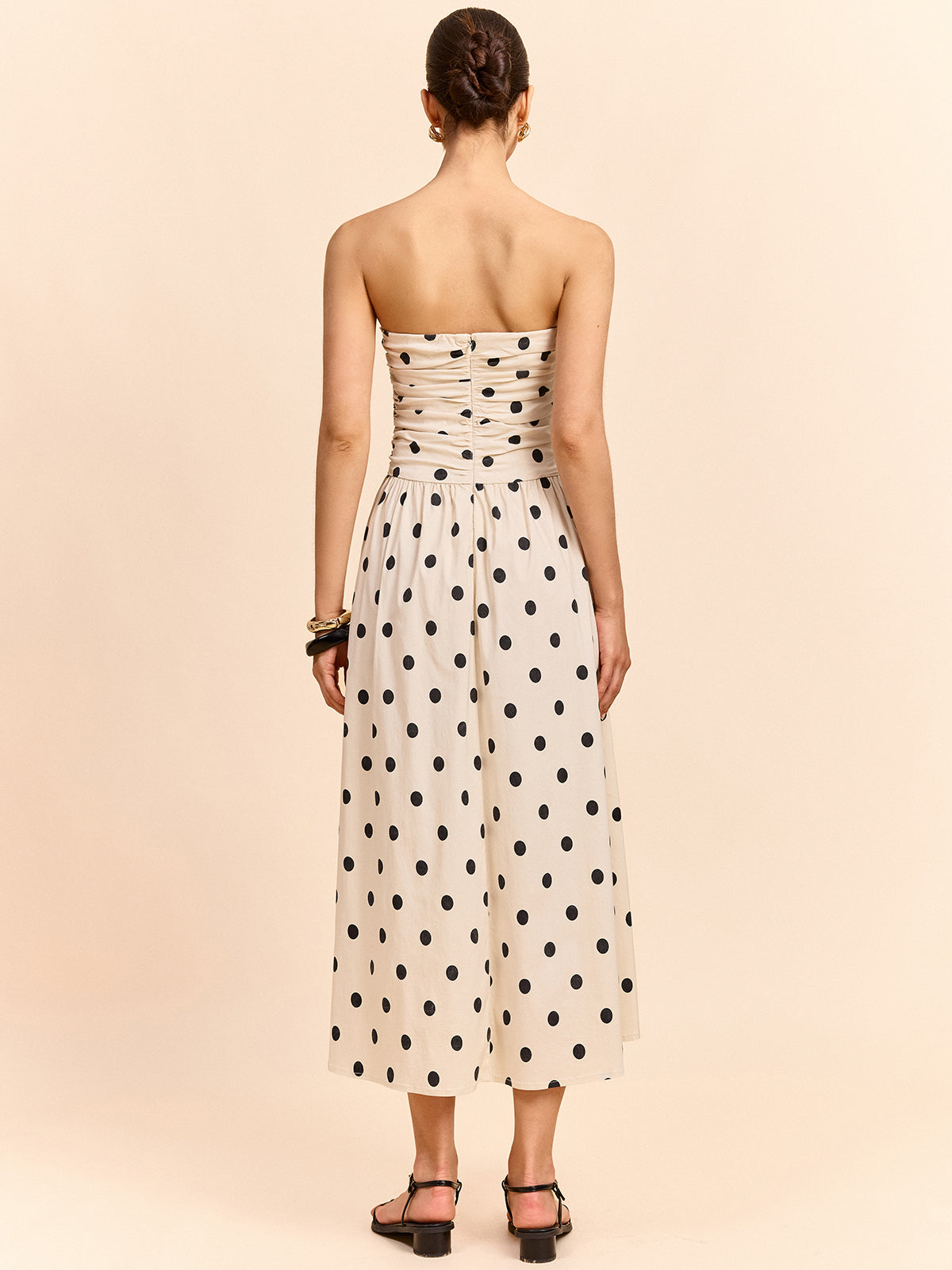 Strapless Polka Dot Ruched Midi Dress-Massicos
