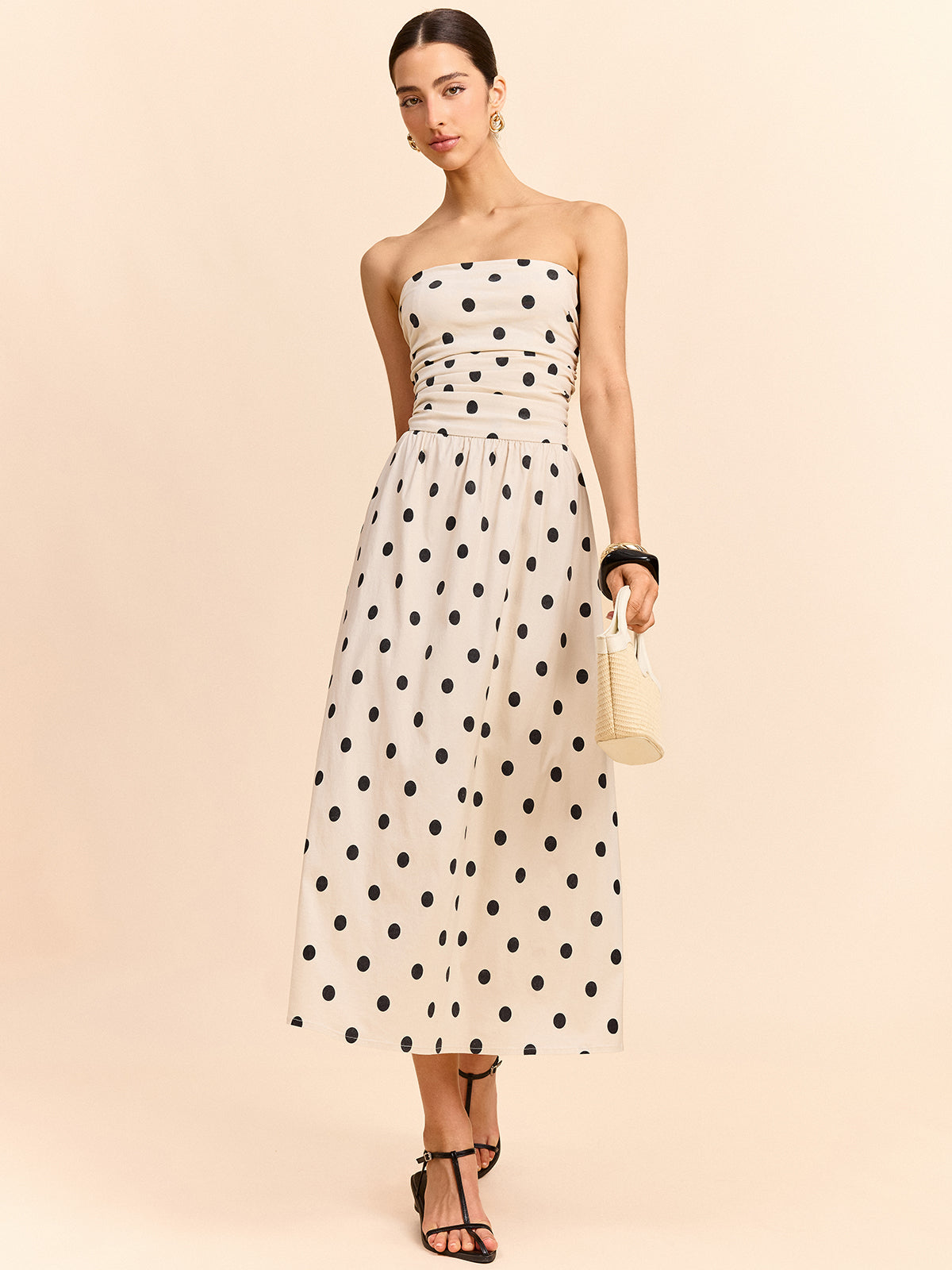 Strapless Polka Dot Ruched Midi Dress-Massicos