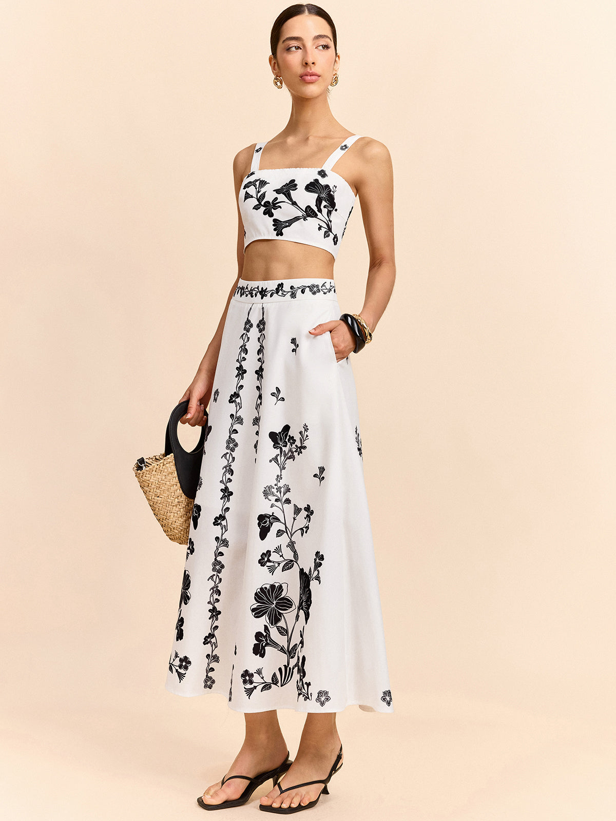 Floral Embroidered Crop Top and Midi Skirt Set-Massicos