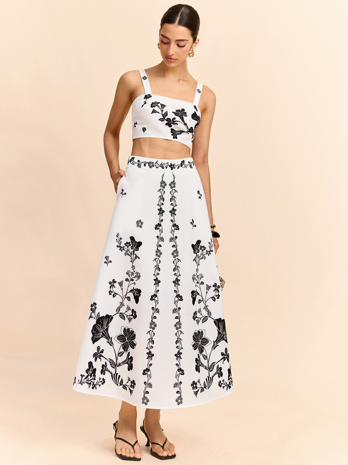 Floral Embroidered Crop Top and Midi Skirt Set-Massicos